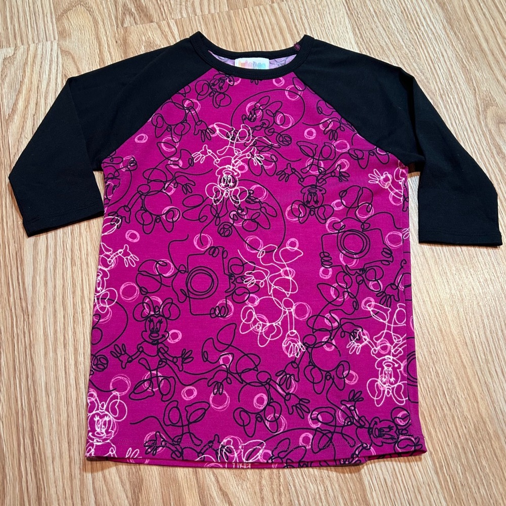 LuLaRoe Disney Mickey Minnie Mouse Raglan Tee Magenta Black‎ Kids Size 4